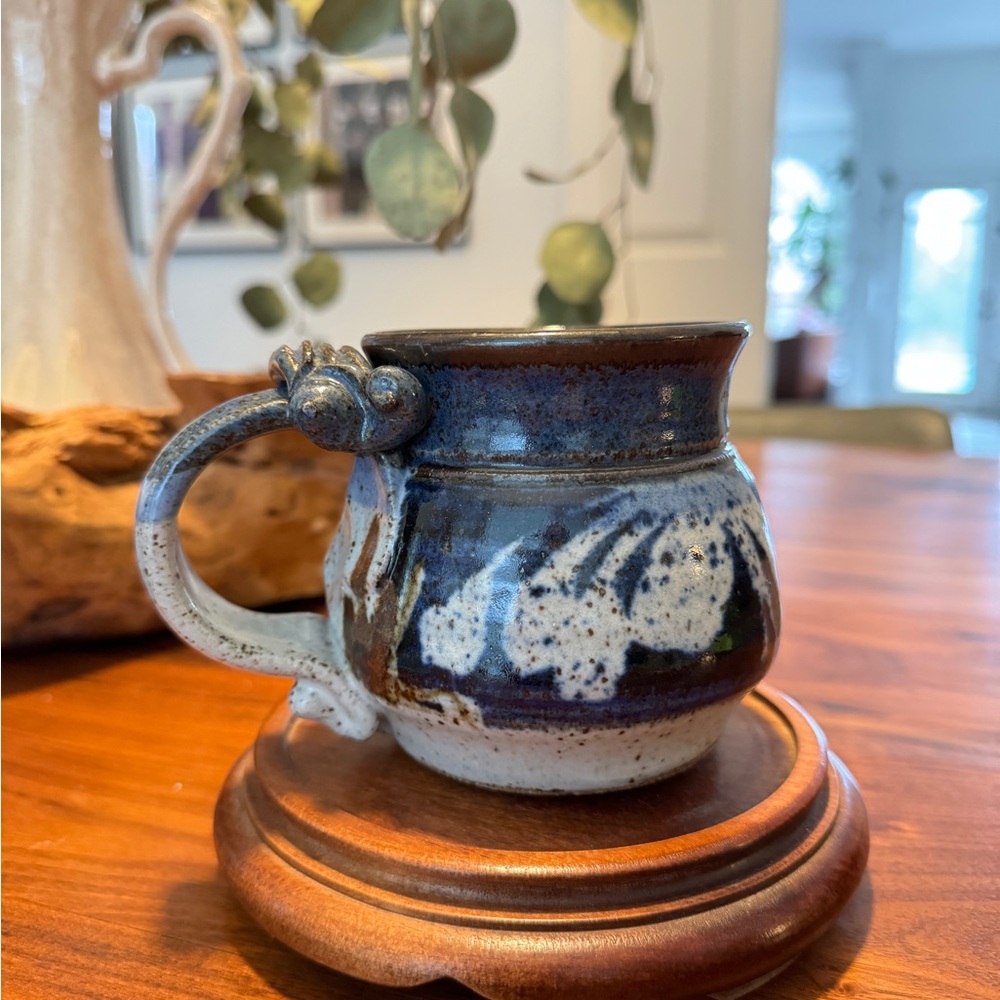 Handmade Artist Pottery Thumb Rest Coffee/Tea Wide Base Cobalt Blue Mug